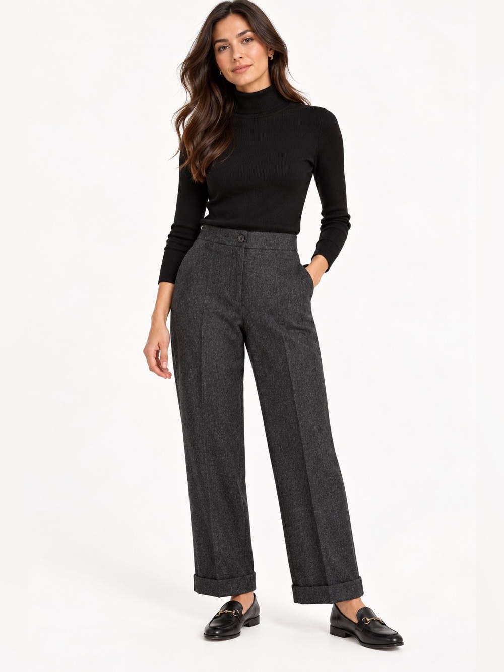 Lauren Ralph Lauren Vintage 100% Wool Charcoal Grey Cuffed Trousers Size 6 Petit